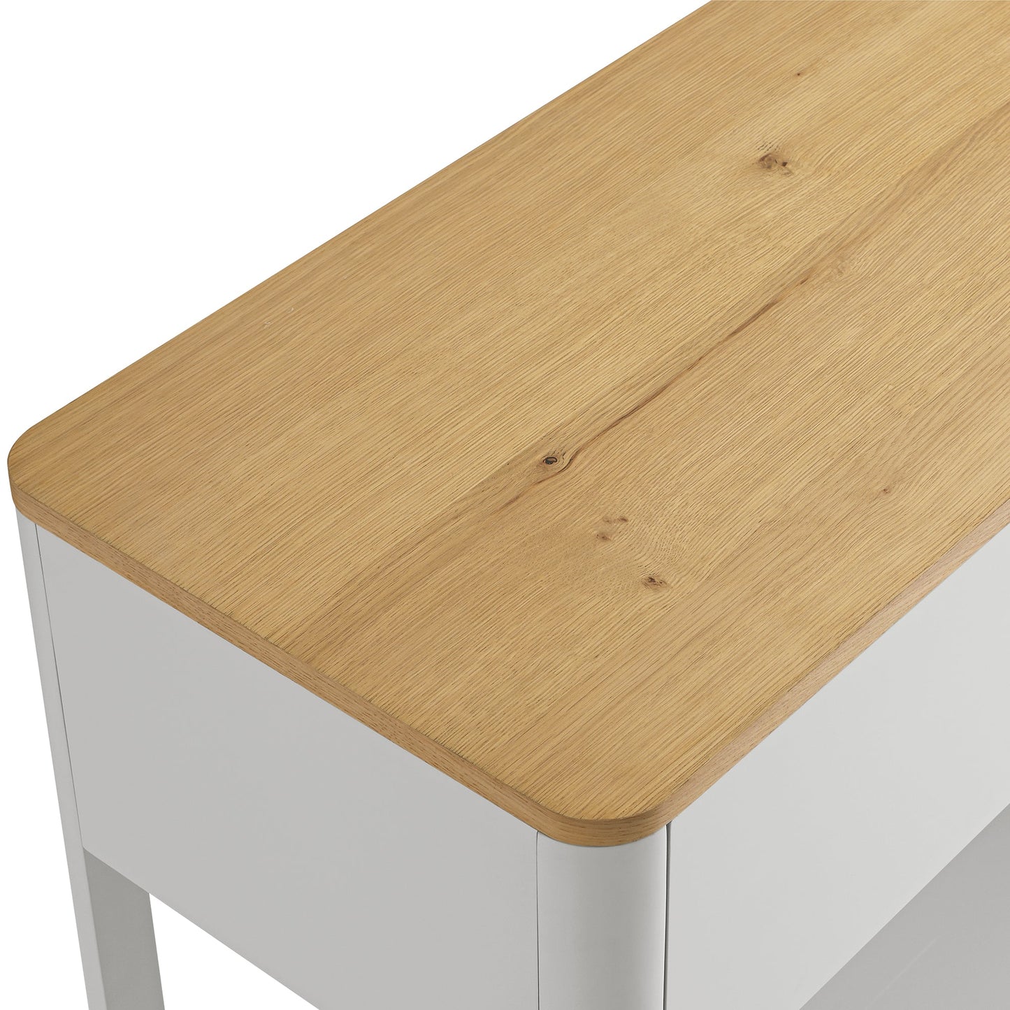 Console Agnes à 2 tiroirs et bords incurvés, gris tourterelle avec plateau en chêne