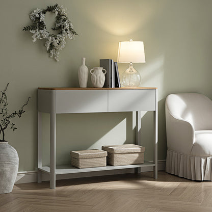 Console Agnes à 2 tiroirs et bords incurvés, gris tourterelle avec plateau en chêne