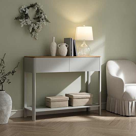 Console Agnes à 2 tiroirs et bords incurvés, gris tourterelle avec plateau en chêne