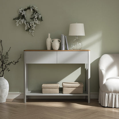 Console Agnes à 2 tiroirs et bords incurvés, gris tourterelle avec plateau en chêne