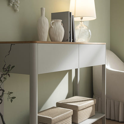 Console Agnes à 2 tiroirs et bords incurvés, gris tourterelle avec plateau en chêne