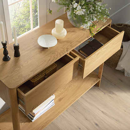 Console Agnes à 2 tiroirs et bords incurvés, couleur naturelle