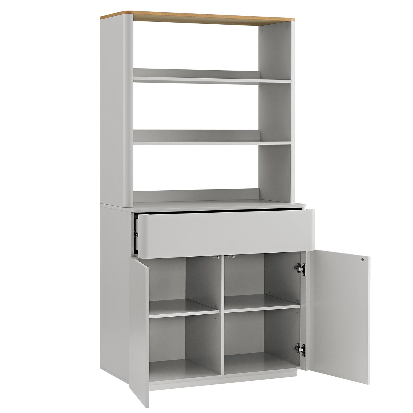 Commode à bords incurvés Agnes, gris tourterelle avec plateau en chêne