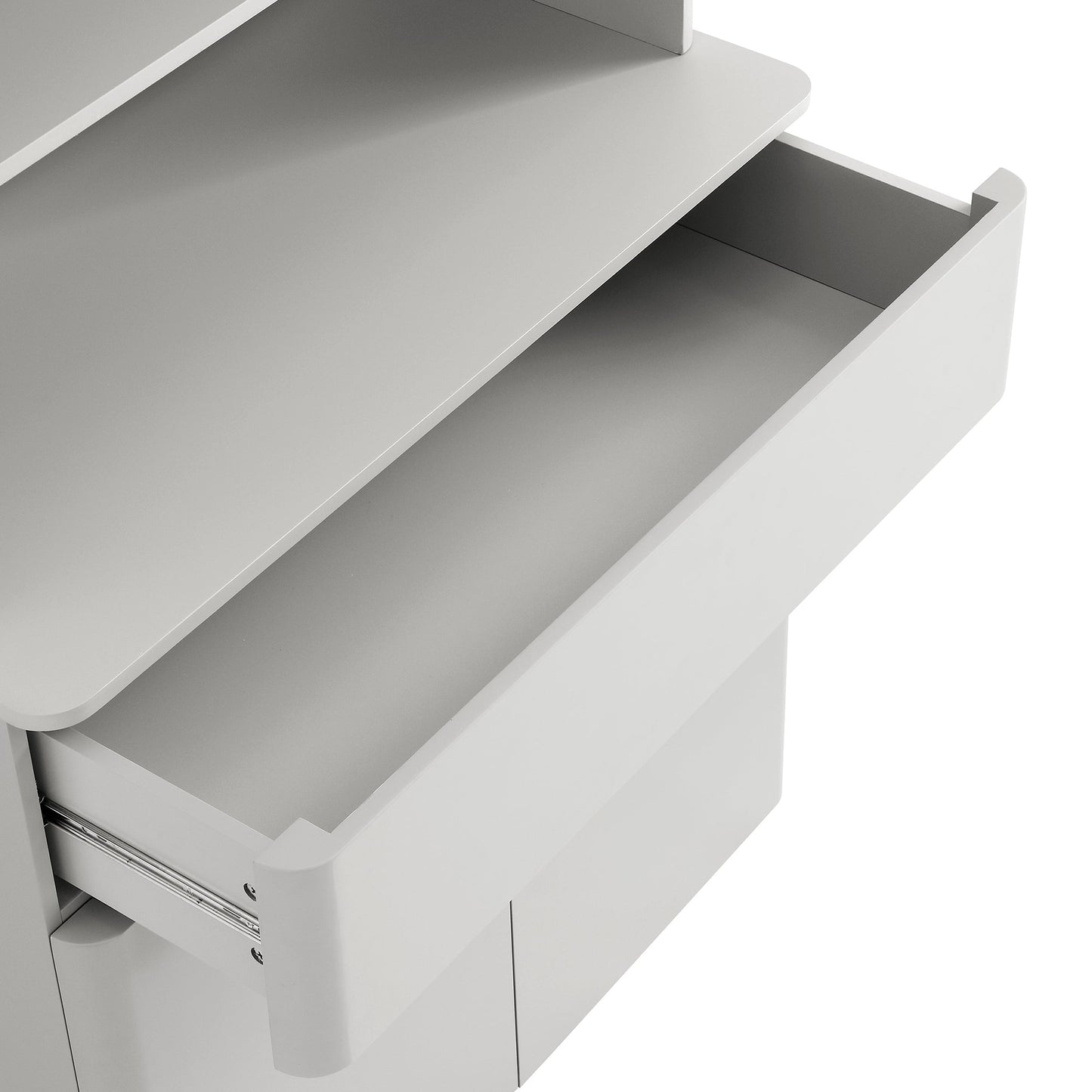 Commode à bords incurvés Agnes, gris tourterelle avec plateau en chêne