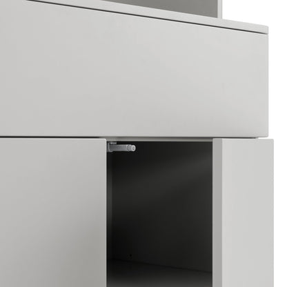 Commode à bords incurvés Agnes, gris tourterelle avec plateau en chêne