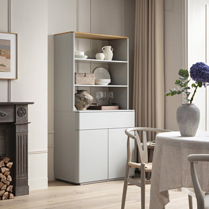 Commode à bords incurvés Agnes, gris tourterelle avec plateau en chêne