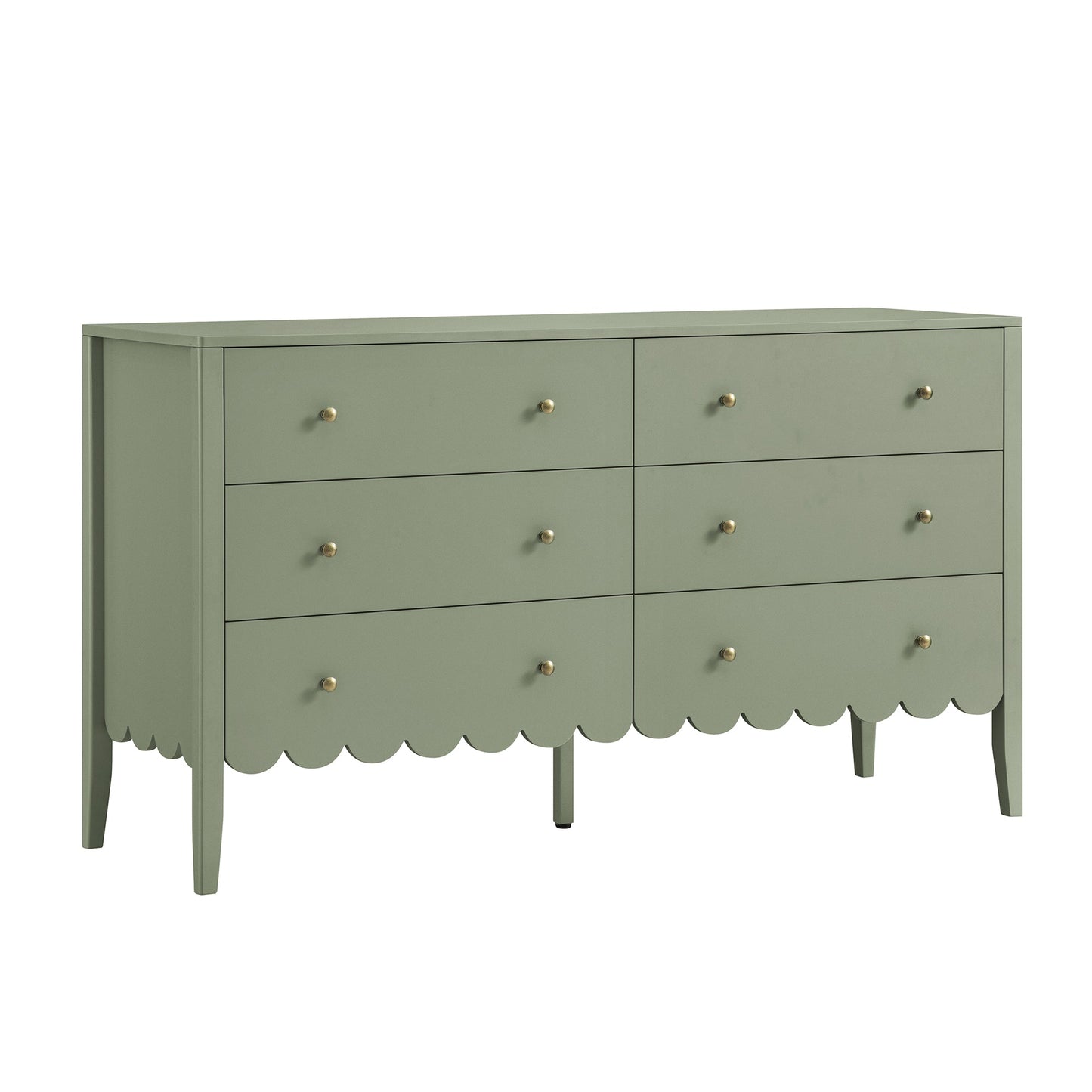 Commode Henley à 6 tiroirs et bords festonnés, 140 cm de large, vert sauge
