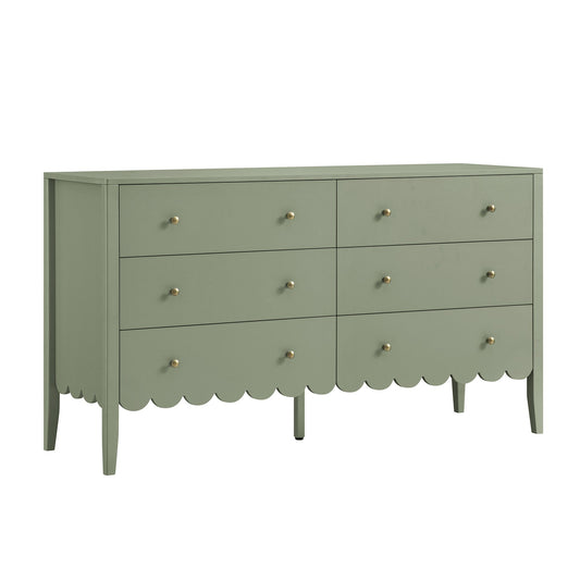 Commode Henley à 6 tiroirs et bords festonnés, 140 cm de large, vert sauge