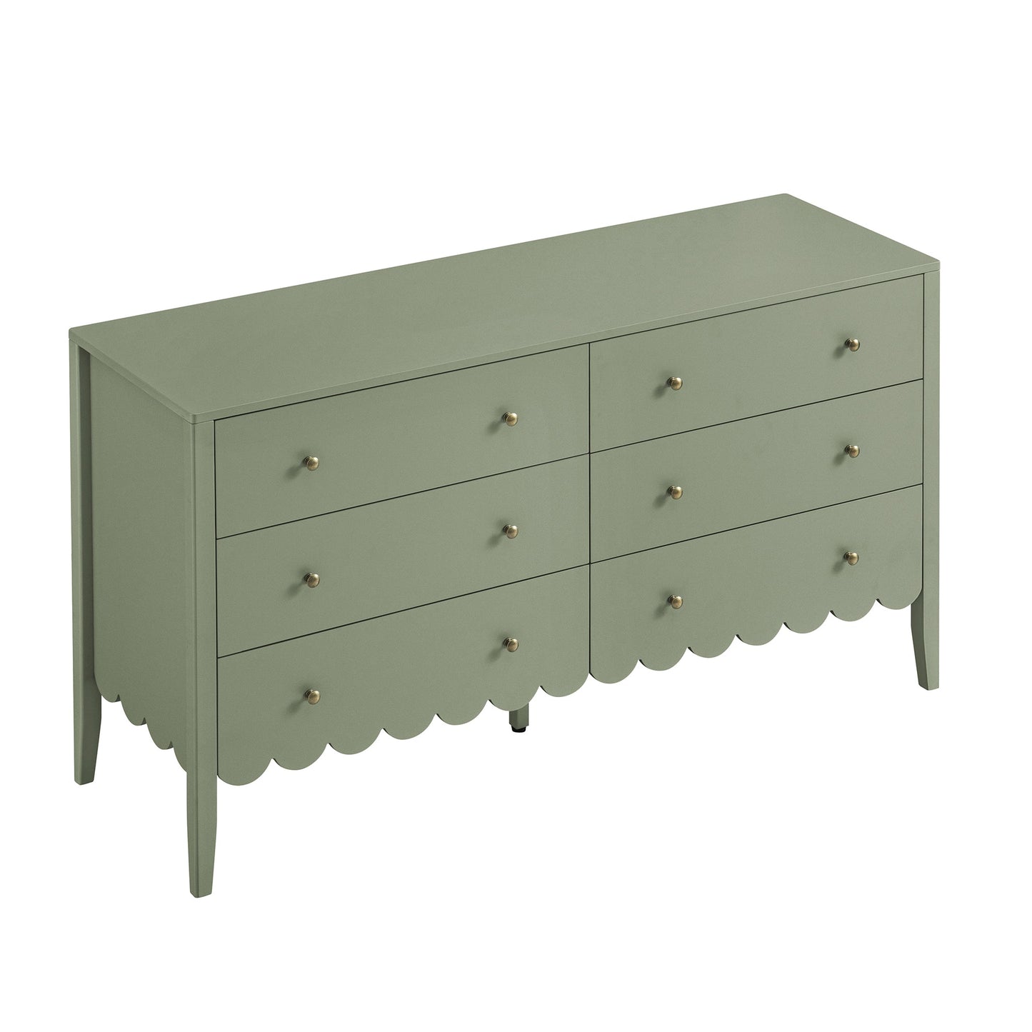 Commode Henley à 6 tiroirs et bords festonnés, 140 cm de large, vert sauge