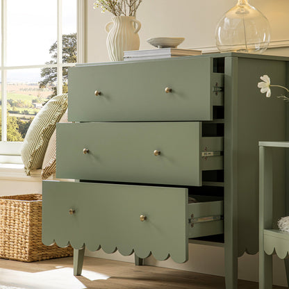 Commode 3 tiroirs Henley à bords festonnés, vert sauge