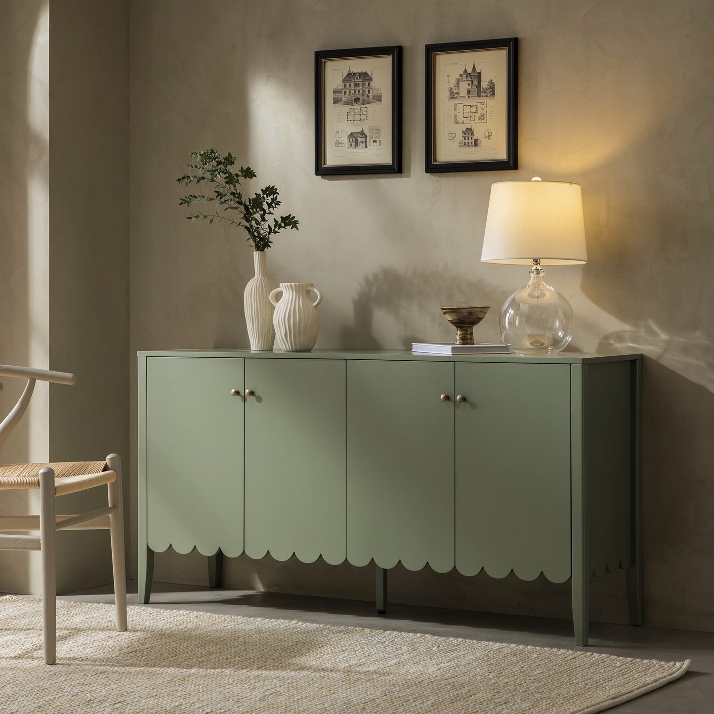 Buffet Henley à bords festonnés, 150 cm de large, vert sauge