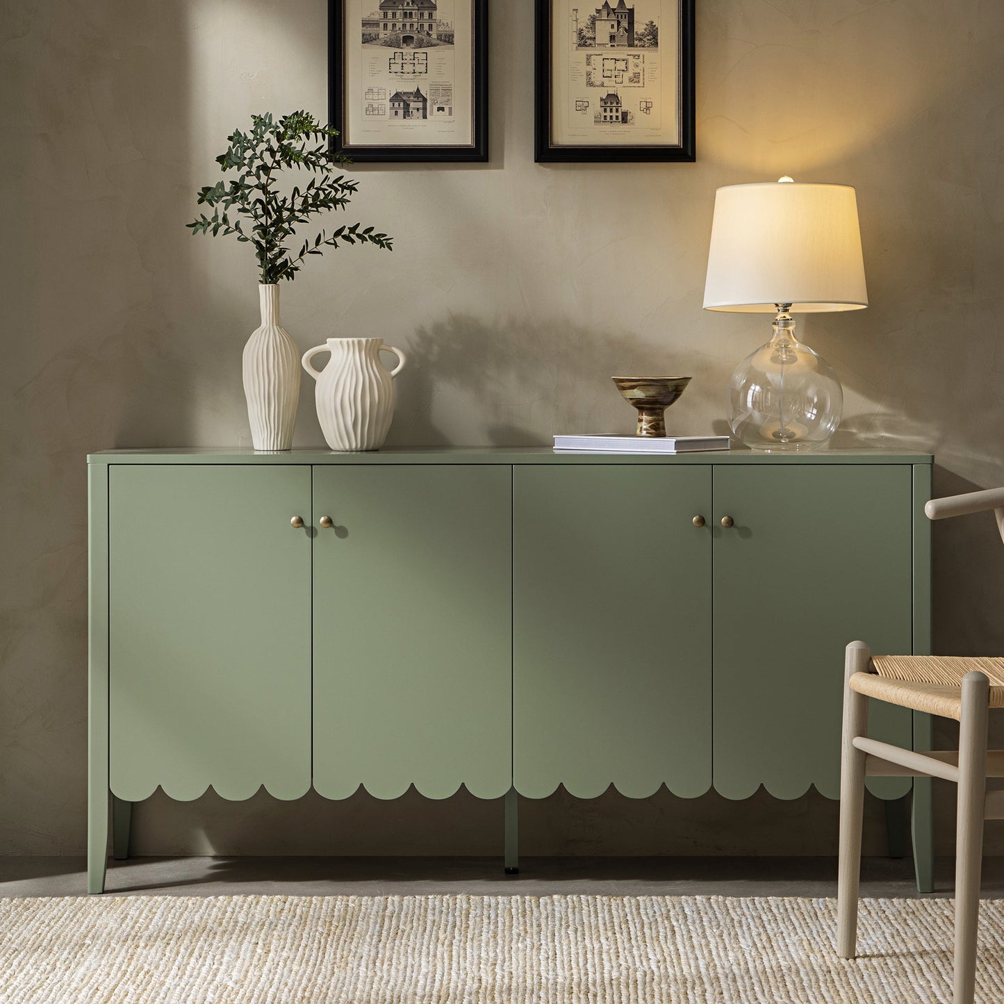 Buffet Henley à bords festonnés, 150 cm de large, vert sauge
