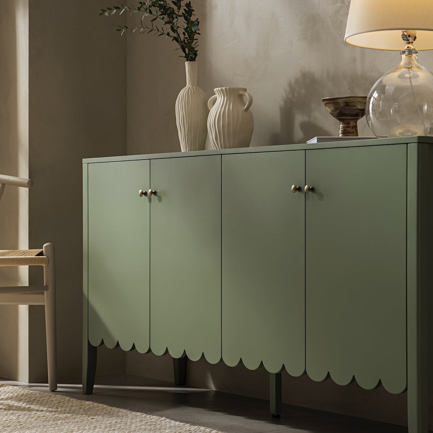 Buffet Henley à bords festonnés, 150 cm de large, vert sauge