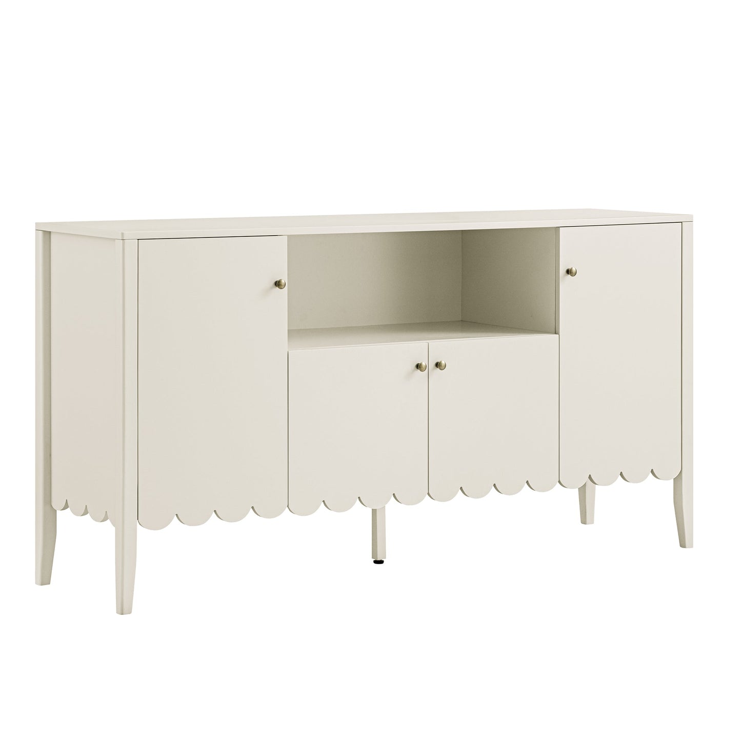 Buffet Henley à bords festonnés, 150 cm de large, avec étagère ouverte, couleur sable clair