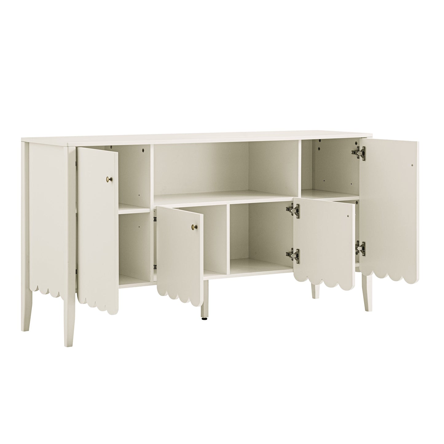 Buffet Henley à bords festonnés, 150 cm de large, avec étagère ouverte, couleur sable clair