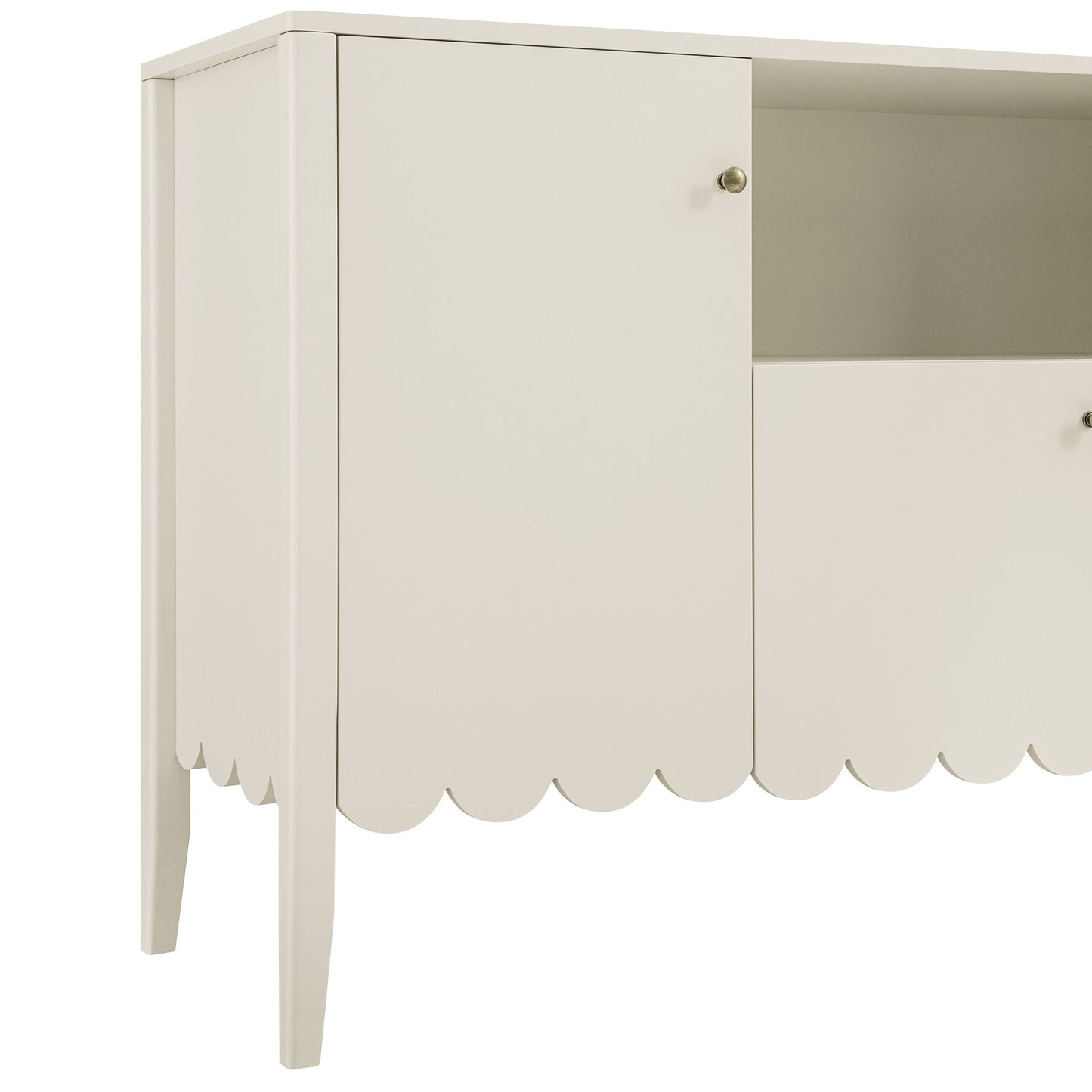 Buffet Henley à bords festonnés, 150 cm de large, avec étagère ouverte, couleur sable clair
