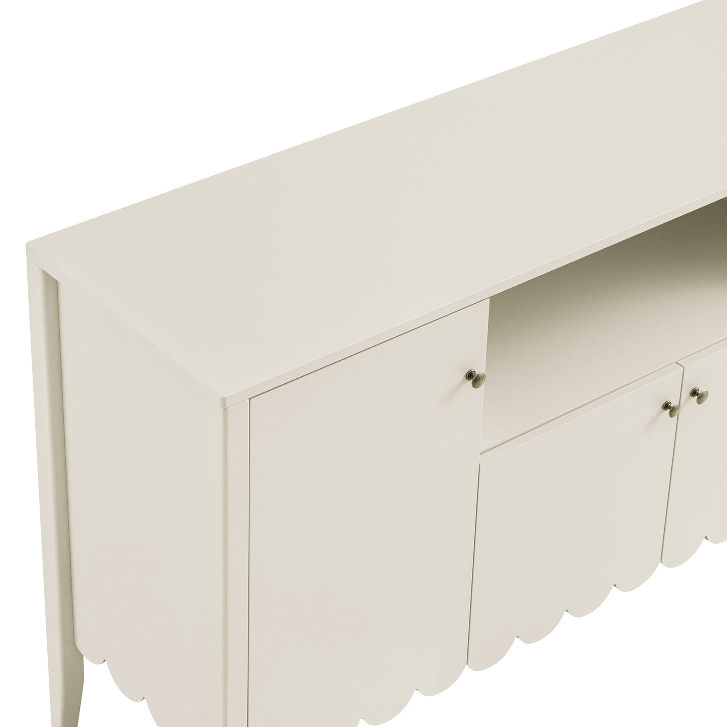 Buffet Henley à bords festonnés, 150 cm de large, avec étagère ouverte, couleur sable clair