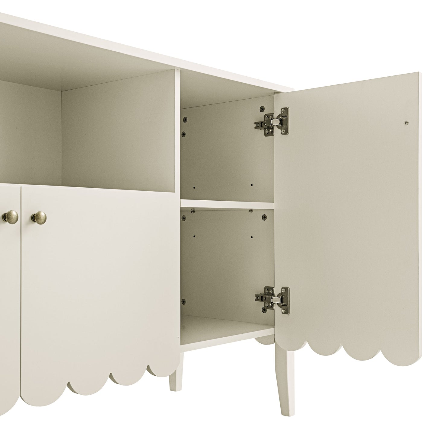 Buffet Henley à bords festonnés, 150 cm de large, avec étagère ouverte, couleur sable clair