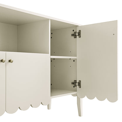 Buffet Henley à bords festonnés, 150 cm de large, avec étagère ouverte, couleur sable clair