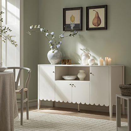 Buffet Henley à bords festonnés, 150 cm de large, avec étagère ouverte, couleur sable clair