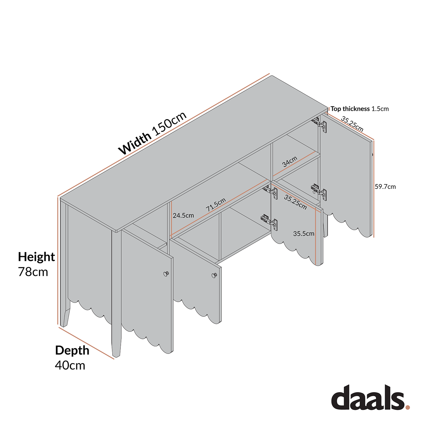 Buffet Henley à bords festonnés, 150 cm de large, avec étagère ouverte, épicéa bleu