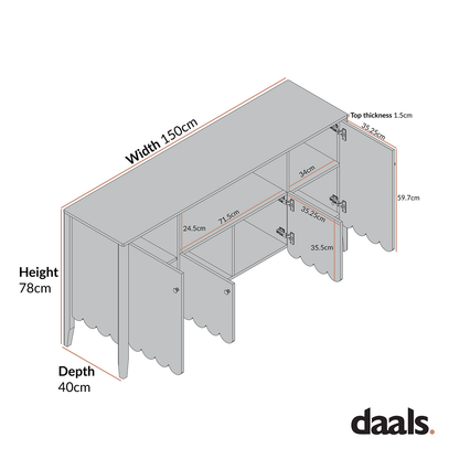 Buffet Henley à bords festonnés, 150 cm de large, avec étagère ouverte, épicéa bleu