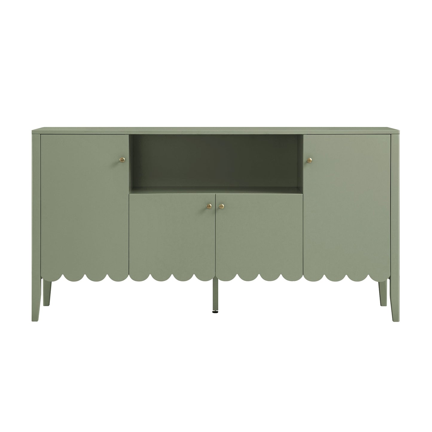Buffet Henley à bords festonnés, 150 cm de large, avec étagère ouverte, vert sauge
