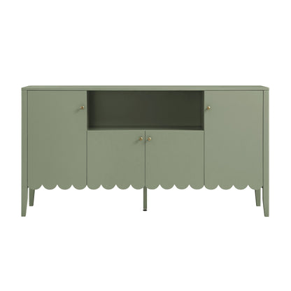 Buffet Henley à bords festonnés, 150 cm de large, avec étagère ouverte, vert sauge