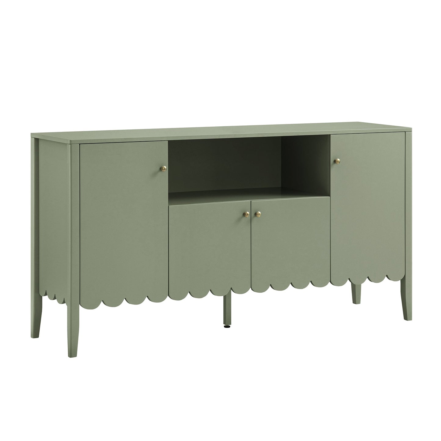 Buffet Henley à bords festonnés, 150 cm de large, avec étagère ouverte, vert sauge