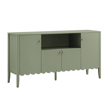 Buffet Henley à bords festonnés, 150 cm de large, avec étagère ouverte, vert sauge