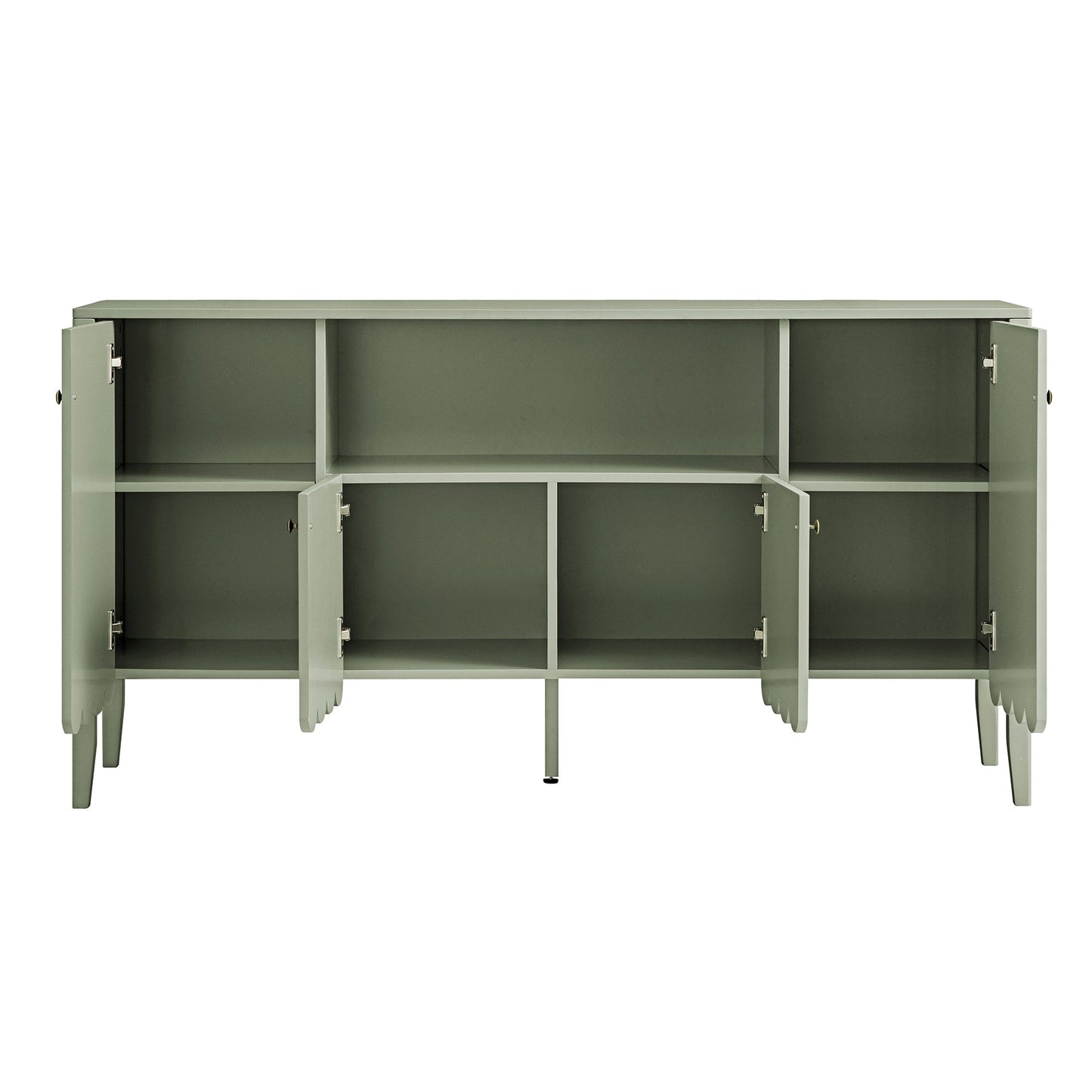 Buffet Henley à bords festonnés, 150 cm de large, avec étagère ouverte, vert sauge