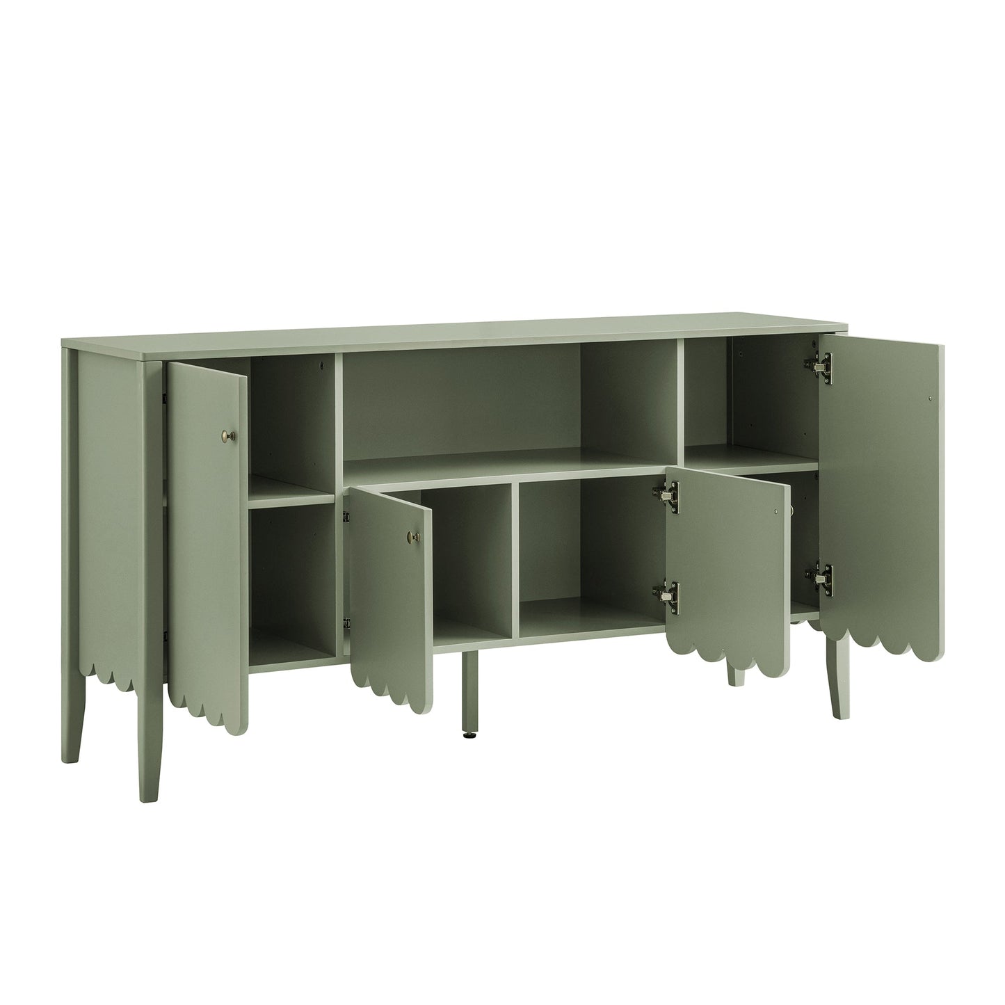 Buffet Henley à bords festonnés, 150 cm de large, avec étagère ouverte, vert sauge