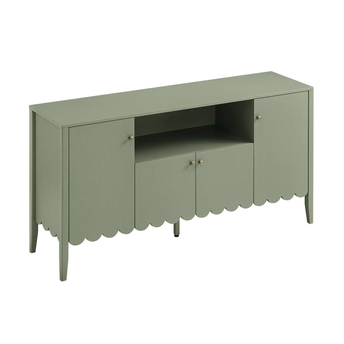 Buffet Henley à bords festonnés, 150 cm de large, avec étagère ouverte, vert sauge
