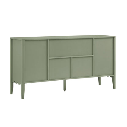 Buffet Henley à bords festonnés, 150 cm de large, avec étagère ouverte, vert sauge