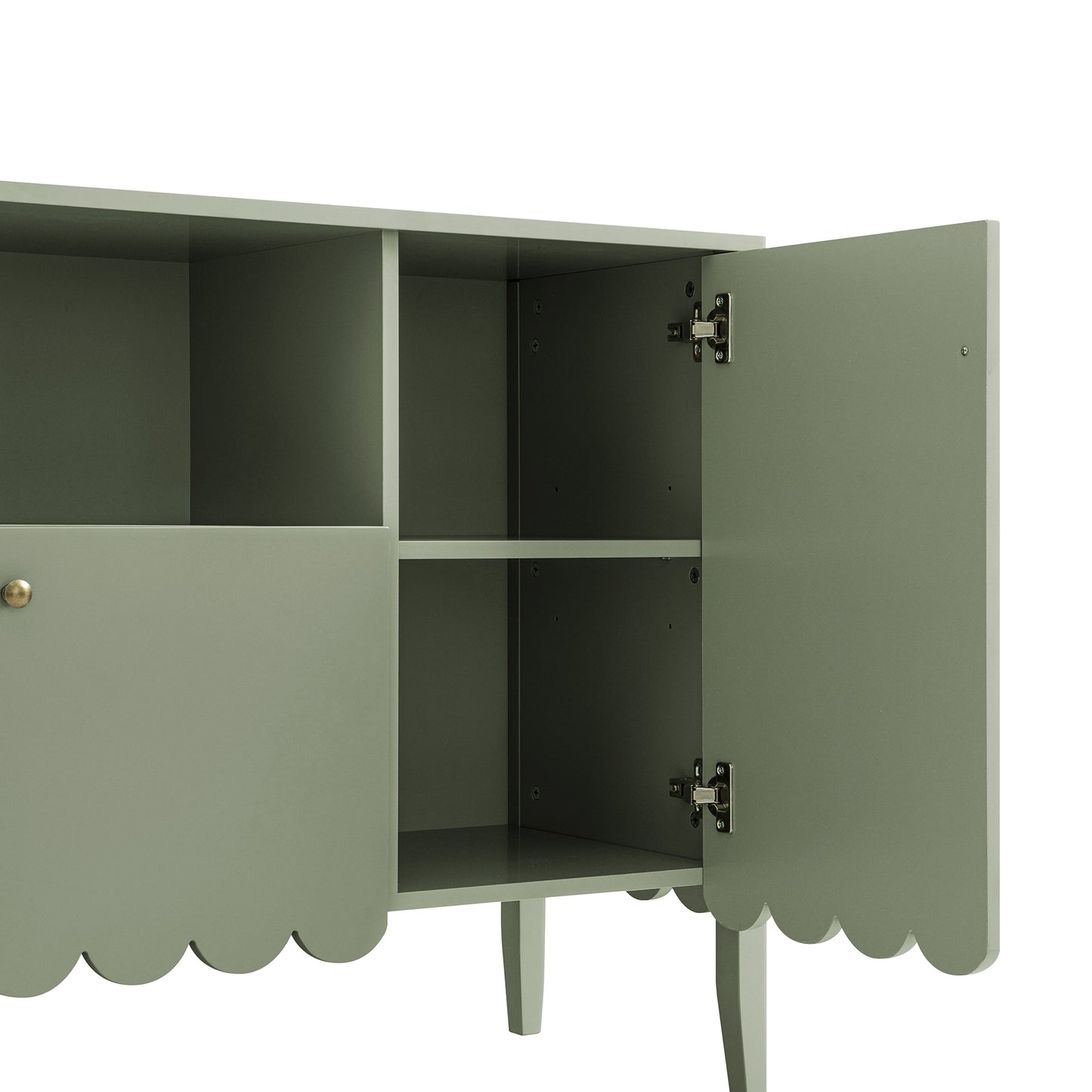 Buffet Henley à bords festonnés, 150 cm de large, avec étagère ouverte, vert sauge