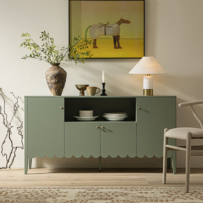 Buffet Henley à bords festonnés, 150 cm de large, avec étagère ouverte, vert sauge