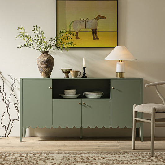 Buffet Henley à bords festonnés, 150 cm de large, avec étagère ouverte, vert sauge