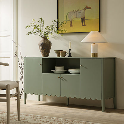 Buffet Henley à bords festonnés, 150 cm de large, avec étagère ouverte, vert sauge