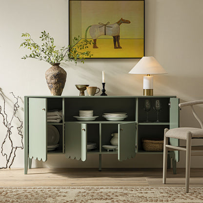 Buffet Henley à bords festonnés, 150 cm de large, avec étagère ouverte, vert sauge