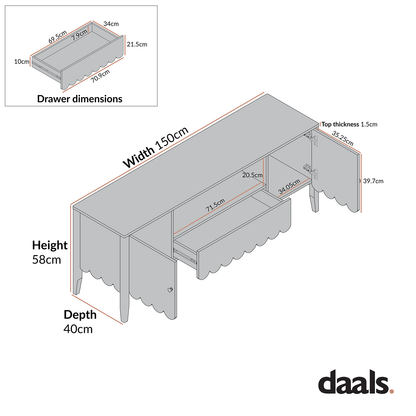 Meuble TV Henley à bords festonnés, 150 cm de large, sable clair