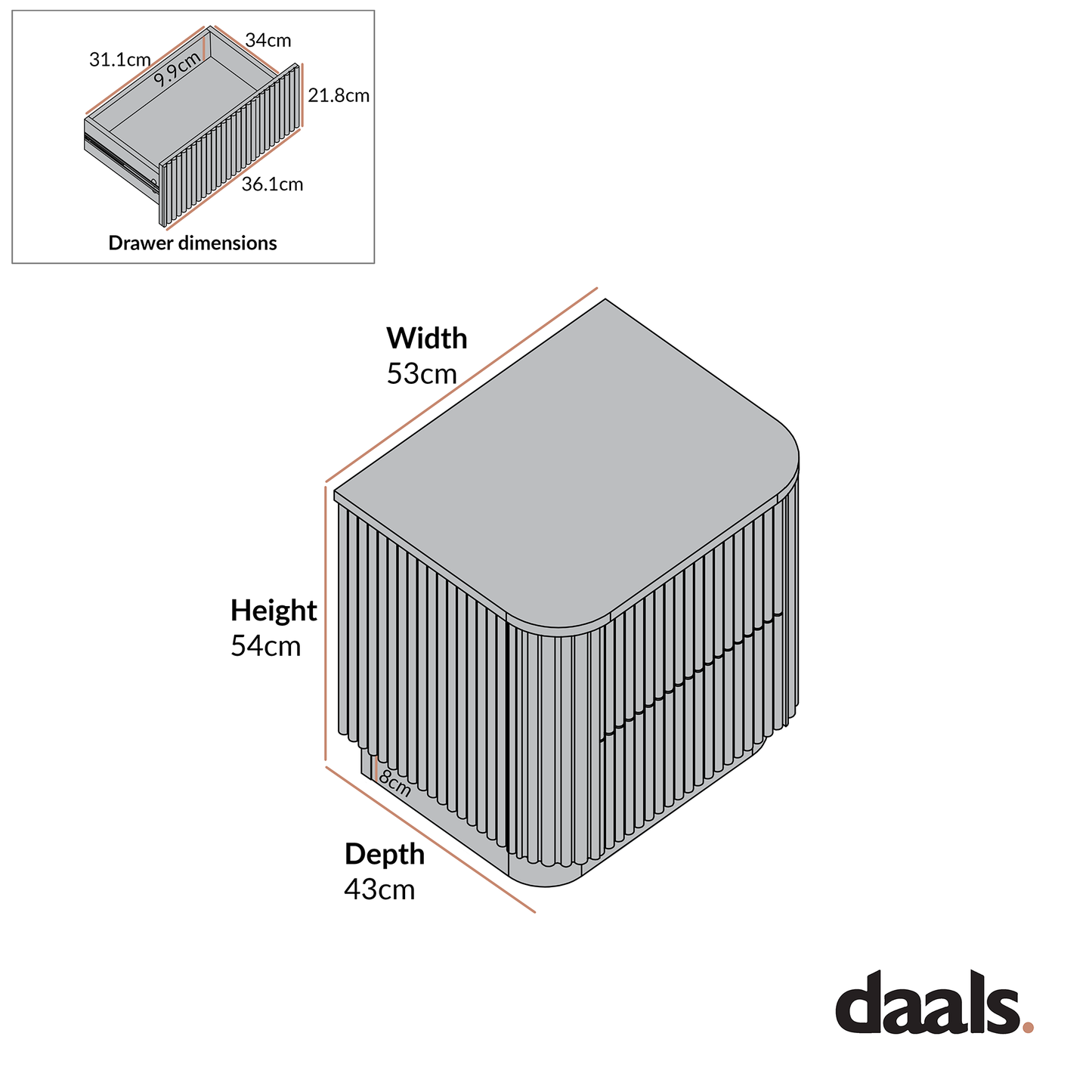 Table de chevet Maru à 2 tiroirs, blanc délavé