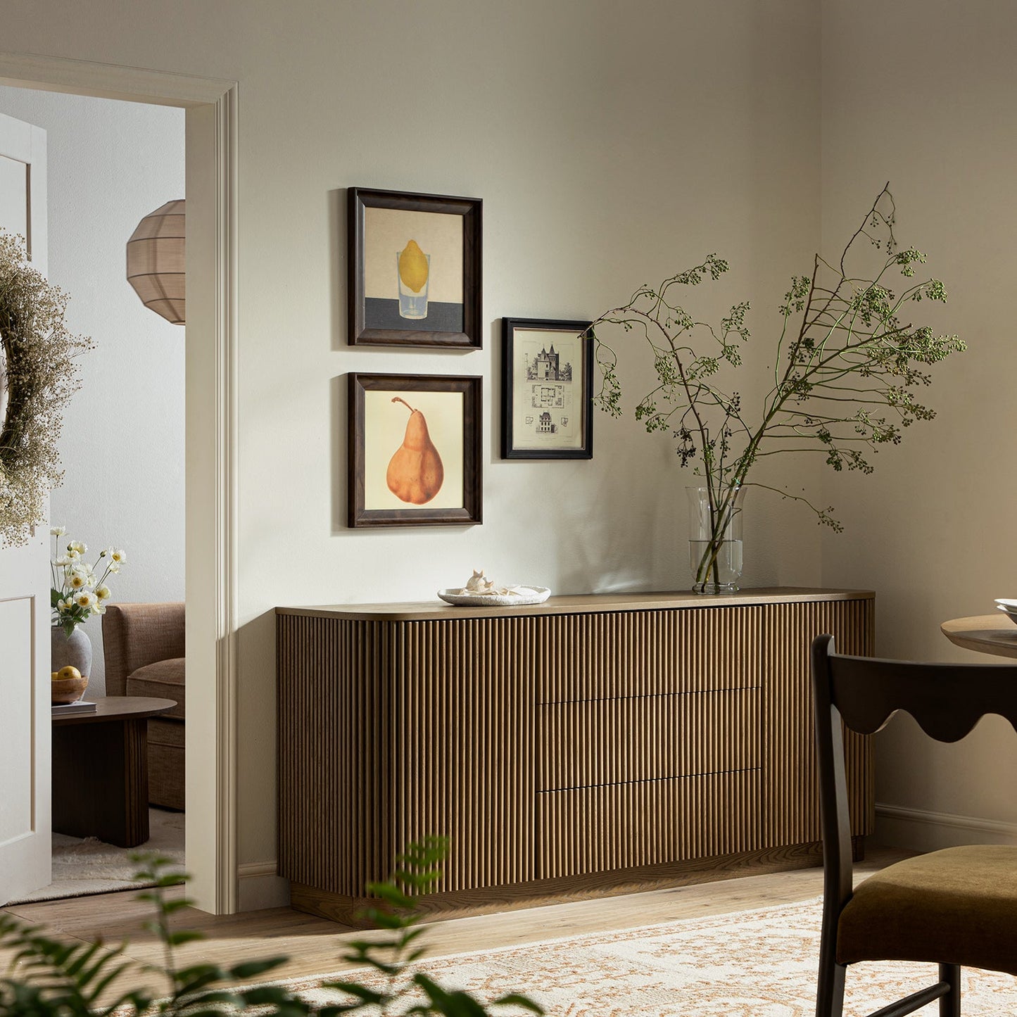 Grand buffet Maru à 2 portes et tiroirs, chêne argenté