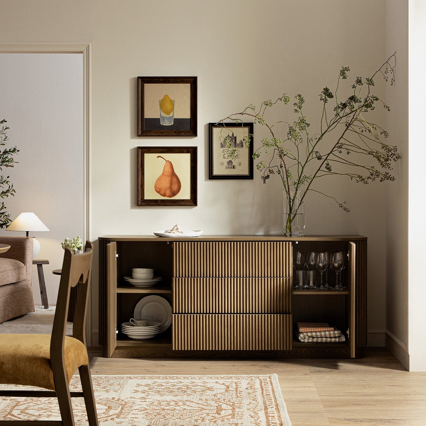 Grand buffet Maru à 2 portes et tiroirs, chêne argenté