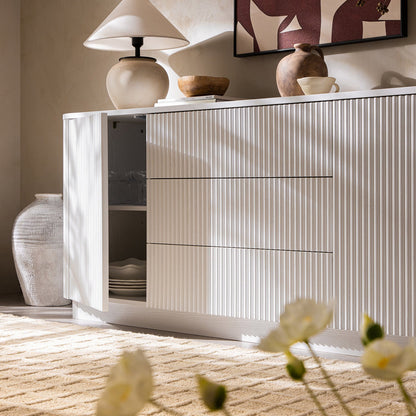 Grand buffet Maru à 2 portes et tiroirs, blanc délavé