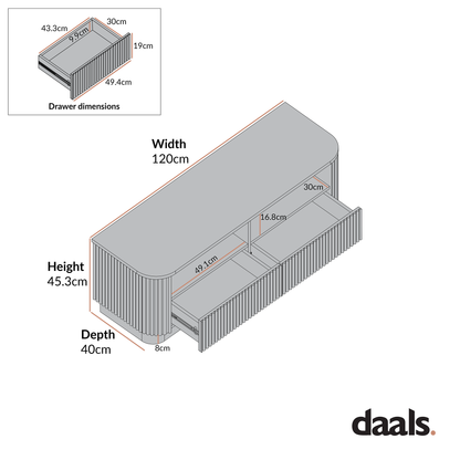Meuble TV Maru 120 cm avec tiroirs, blanc délavé