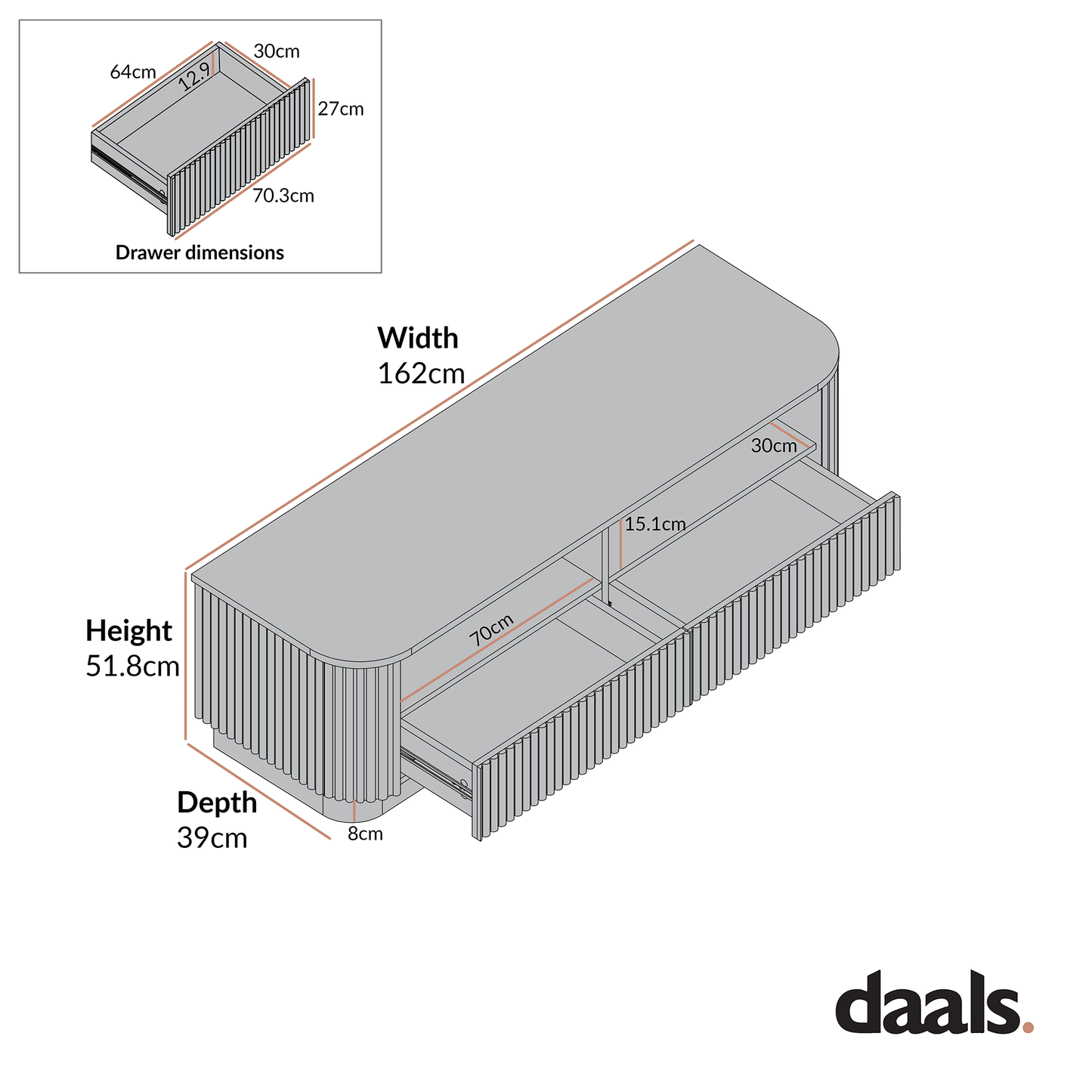 Meuble TV Maru 162 cm avec tiroirs, blanc délavé
