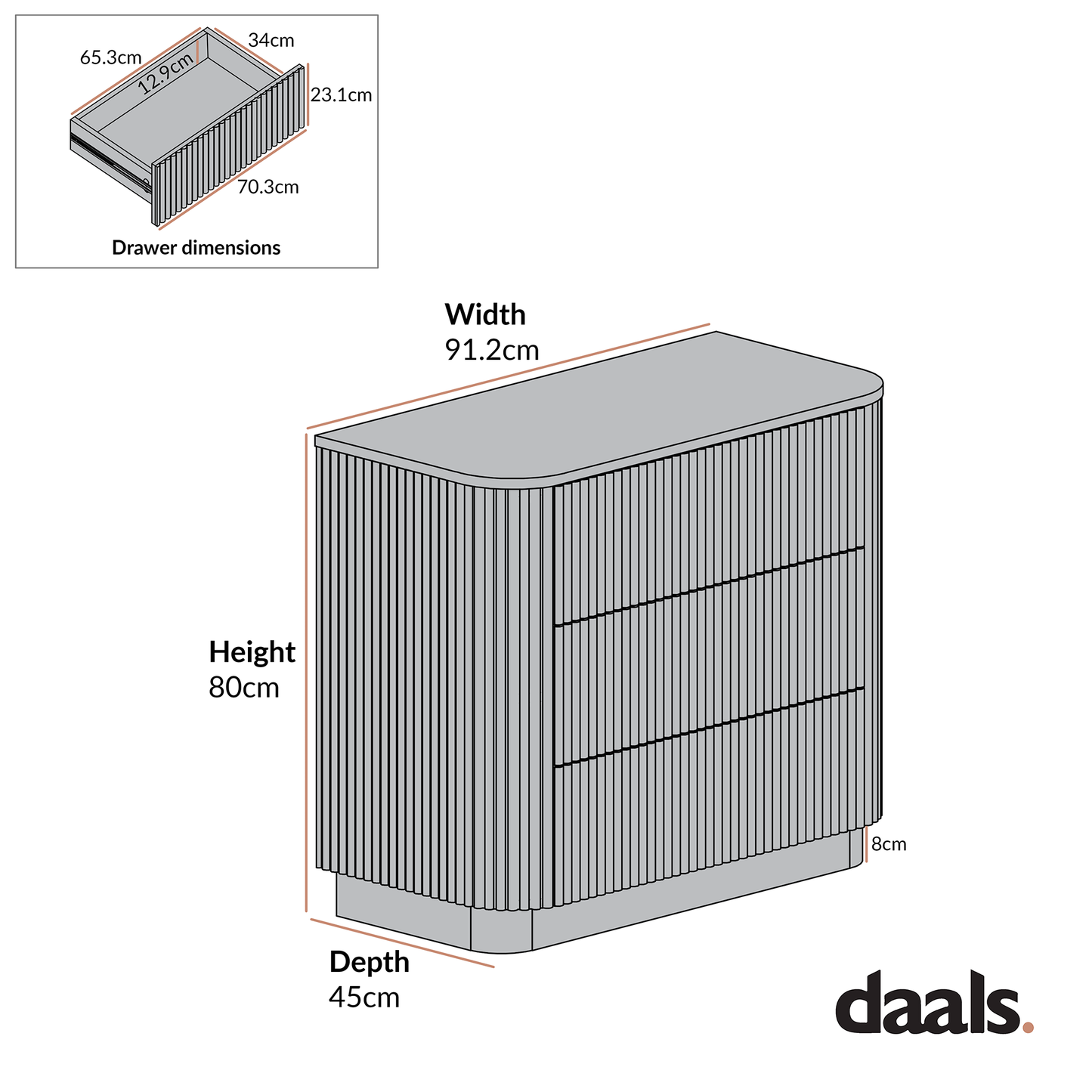 Commode 3 tiroirs Maru, blanc délavé