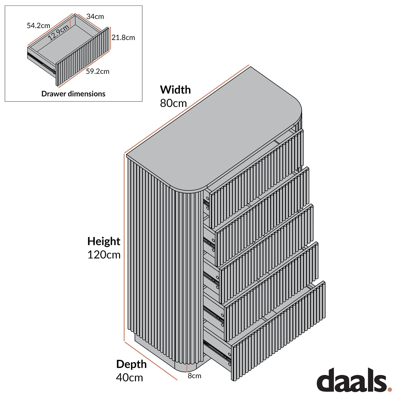 Commode Maru à 5 tiroirs, chêne argenté