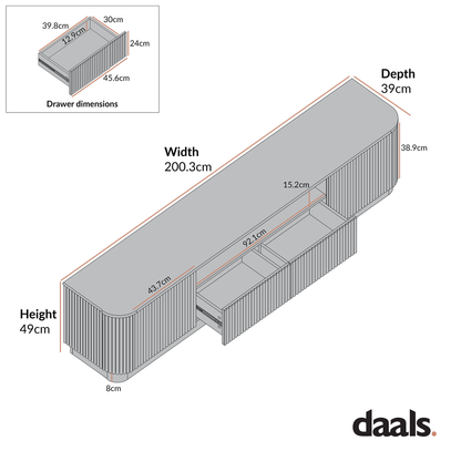 Meuble TV Maru 200 cm de large avec tiroirs, blanc délavé