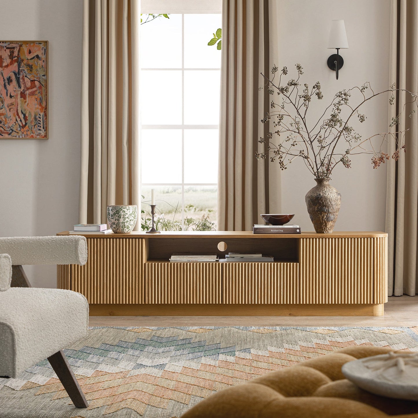 Meuble TV Maru 200 cm de large avec tiroirs, chêne